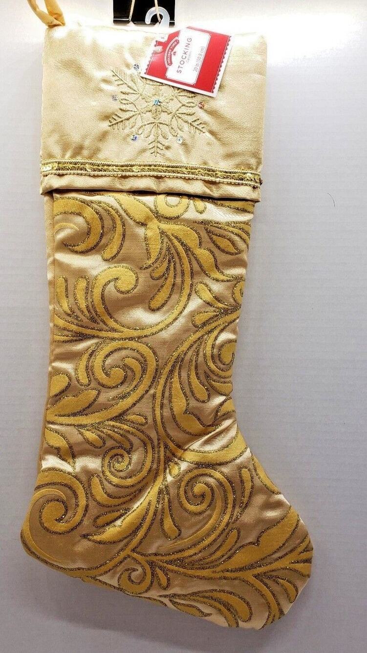 New 20" Christmas Stocking Holiday Time Gold Glitter Embroidered Snowflake